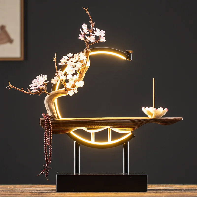 Zen Lucky FengShui Ornaments Lotus Incense Stick Holder Chinese-style Backflow Incense Burner LED Lamp Night Light