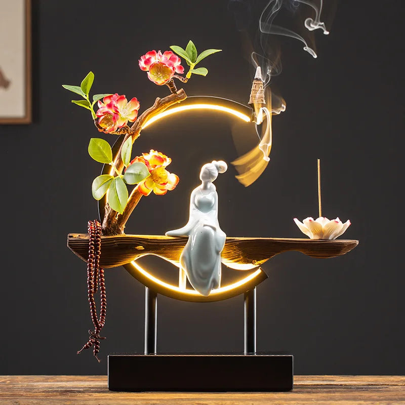 Zen Lucky FengShui Ornaments Lotus Incense Stick Holder Chinese-style Backflow Incense Burner LED Lamp Night Light