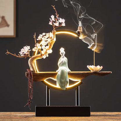 Zen Lucky FengShui Ornaments Lotus Incense Stick Holder Chinese-style Backflow Incense Burner LED Lamp Night Light