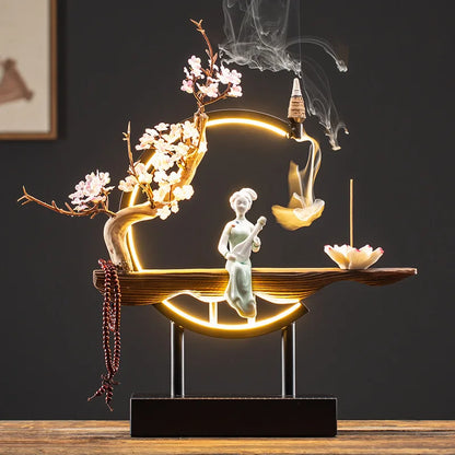 Zen Lucky FengShui Ornaments Lotus Incense Stick Holder Chinese-style Backflow Incense Burner LED Lamp Night Light