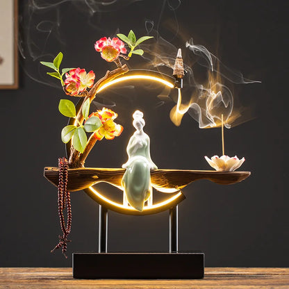 Zen Lucky FengShui Ornaments Lotus Incense Stick Holder Chinese-style Backflow Incense Burner LED Lamp Night Light