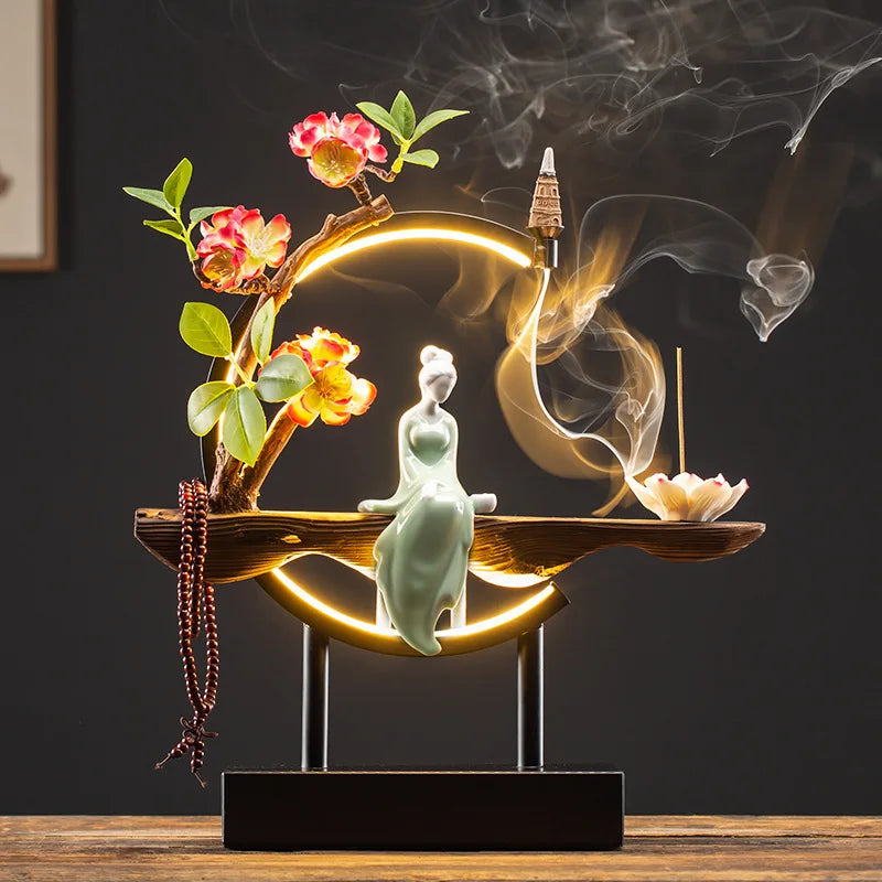 Zen Lucky FengShui Ornaments Lotus Incense Stick Holder Chinese-style Backflow Incense Burner LED Lamp Night Light