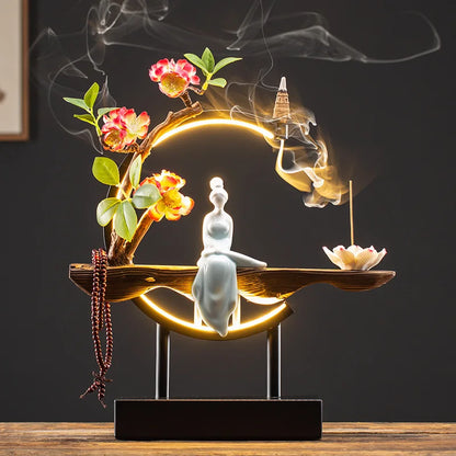 Zen Lucky FengShui Ornaments Lotus Incense Stick Holder Chinese-style Backflow Incense Burner LED Lamp Night Light