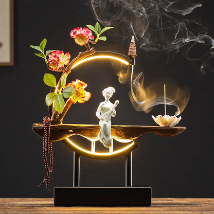 Zen Lucky FengShui Ornaments Lotus Incense Stick Holder Chinese-style Backflow Incense Burner LED Lamp Night Light