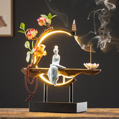 Zen Lucky FengShui Ornaments Lotus Incense Stick Holder Chinese-style Backflow Incense Burner LED Lamp Night Light