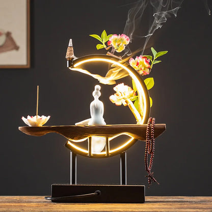 Zen Lucky FengShui Ornaments Lotus Incense Stick Holder Chinese-style Backflow Incense Burner LED Lamp Night Light