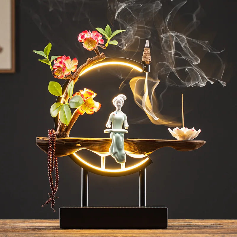 Zen Lucky FengShui Ornaments Lotus Incense Stick Holder Chinese-style Backflow Incense Burner LED Lamp Night Light