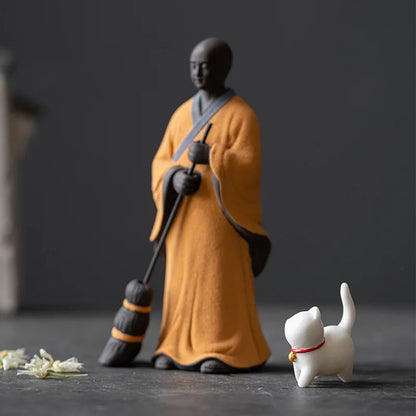 Zen Meditation Chinese Style White Porcelain Purple Sand Figure Sweeping Monk Study Room Ornament Desktop Decoration Landscaping