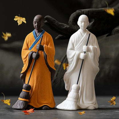 Zen Meditation Chinese Style White Porcelain Purple Sand Figure Sweeping Monk Study Room Ornament Desktop Decoration Landscaping