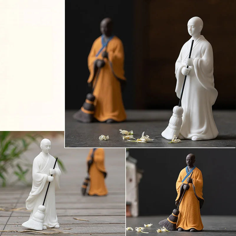 Zen Meditation Chinese Style White Porcelain Purple Sand Figure Sweeping Monk Study Room Ornament Desktop Decoration Landscaping