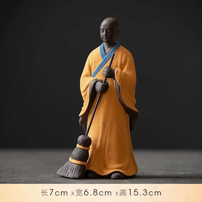 Zen Meditation Chinese Style White Porcelain Purple Sand Figure Sweeping Monk Study Room Ornament Desktop Decoration Landscaping