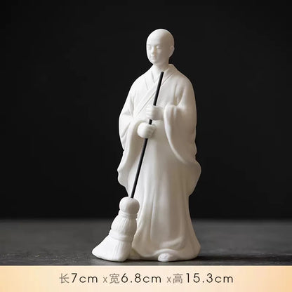 Zen Meditation Chinese Style White Porcelain Purple Sand Figure Sweeping Monk Study Room Ornament Desktop Decoration Landscaping