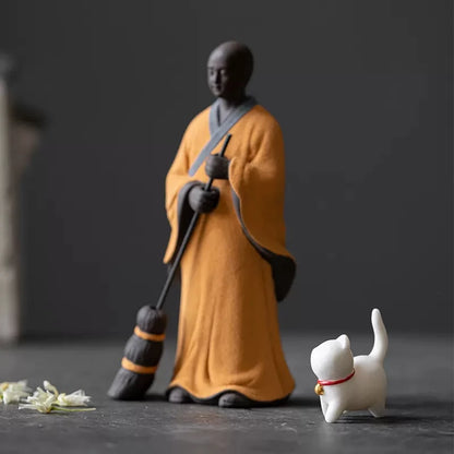 Zen Meditation Chinese Style White Porcelain Purple Sand Figure Sweeping Monk Study Room Ornament Desktop Decoration Landscaping