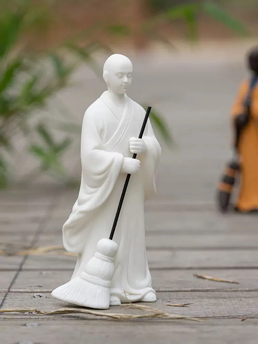 Zen Meditation Chinese Style White Porcelain Purple Sand Figure Sweeping Monk Study Room Ornament Desktop Decoration Landscaping