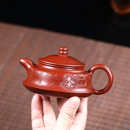 Zen style authentic yixing zisha dahongpao clay marked hand carved Chinese character original ore tea pot with 9 infuser holes