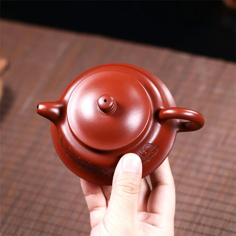 Zen style authentic yixing zisha dahongpao clay marked hand carved Chinese character original ore tea pot with 9 infuser holes