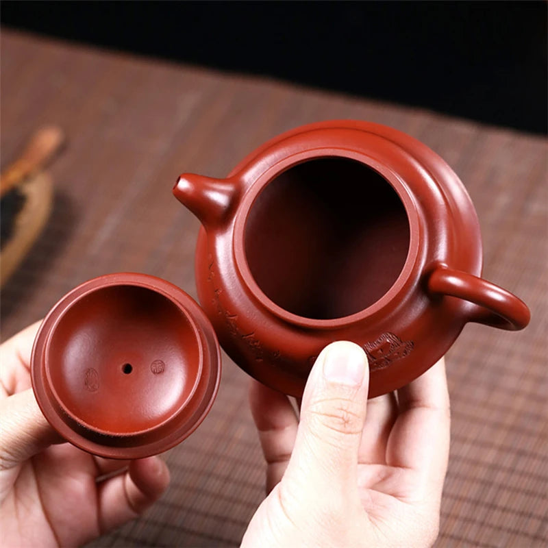 Zen style authentic yixing zisha dahongpao clay marked hand carved Chinese character original ore tea pot with 9 infuser holes