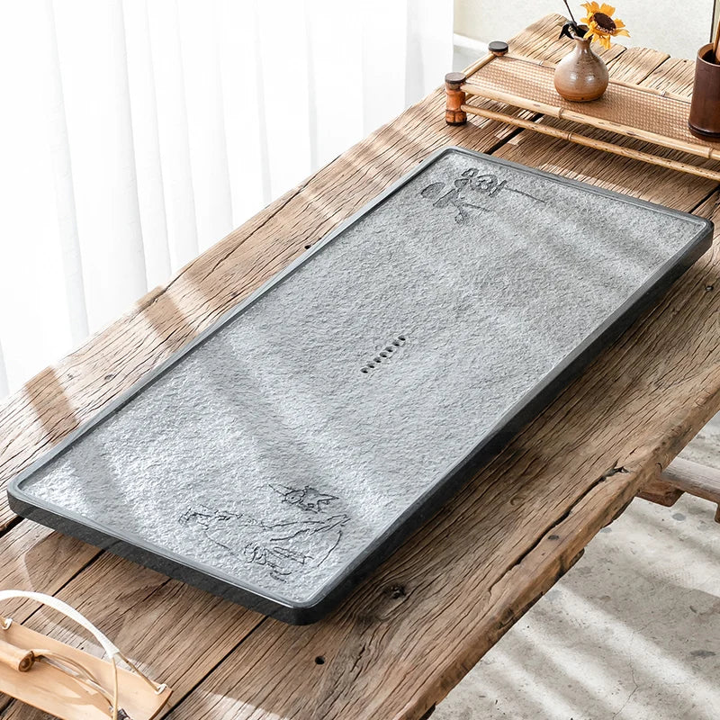 Zen style stone tea tray water draining tea boat for kungfu tea set water reservoir serving trays rectangle heavy multi size new