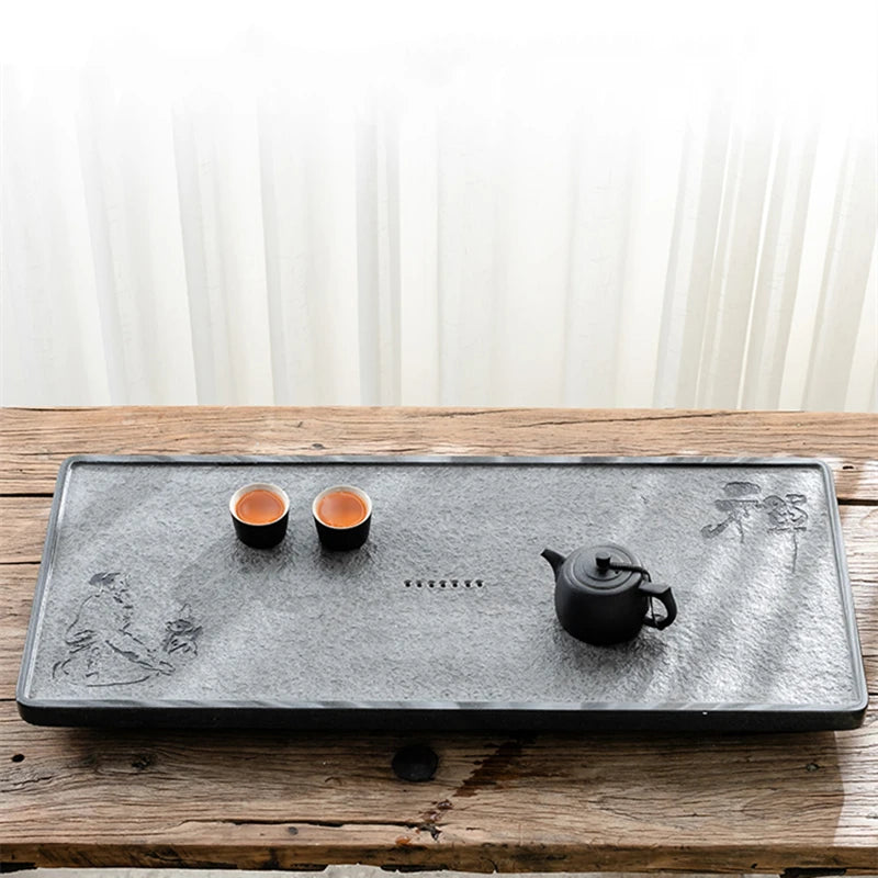 Zen style stone tea tray water draining tea boat for kungfu tea set water reservoir serving trays rectangle heavy multi size new