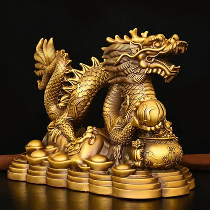 ZhaocaiWealth Attract  Pure Brass Dragon Ornaments Decoration Treasure Bowl Four Claw Dragon Home Crafts