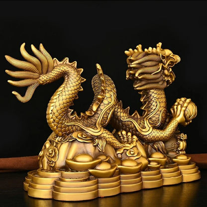 ZhaocaiWealth Attract  Pure Brass Dragon Ornaments Decoration Treasure Bowl Four Claw Dragon Home Crafts