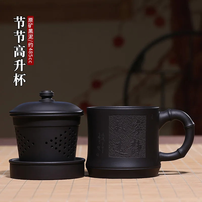 Zhenyi Yixing Zisha Cup is hand-made with inner liner, filter cover, tea cup and black mud engraving