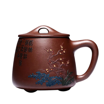 Zhenyi Yixing Zisha Cup pure handmade cover cup, piled flower tea cup, engraved tea set, Songzhumei shipao cup