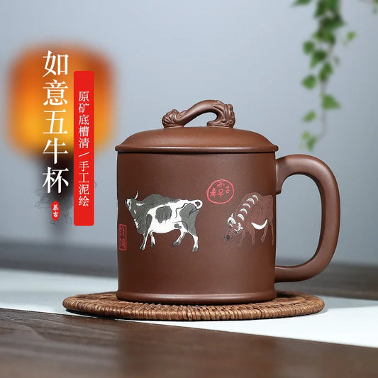 Zhenyi Yixing Zisha Cup tea cup with cover hand painted office tea gift cup Ruyi Wuniu cup