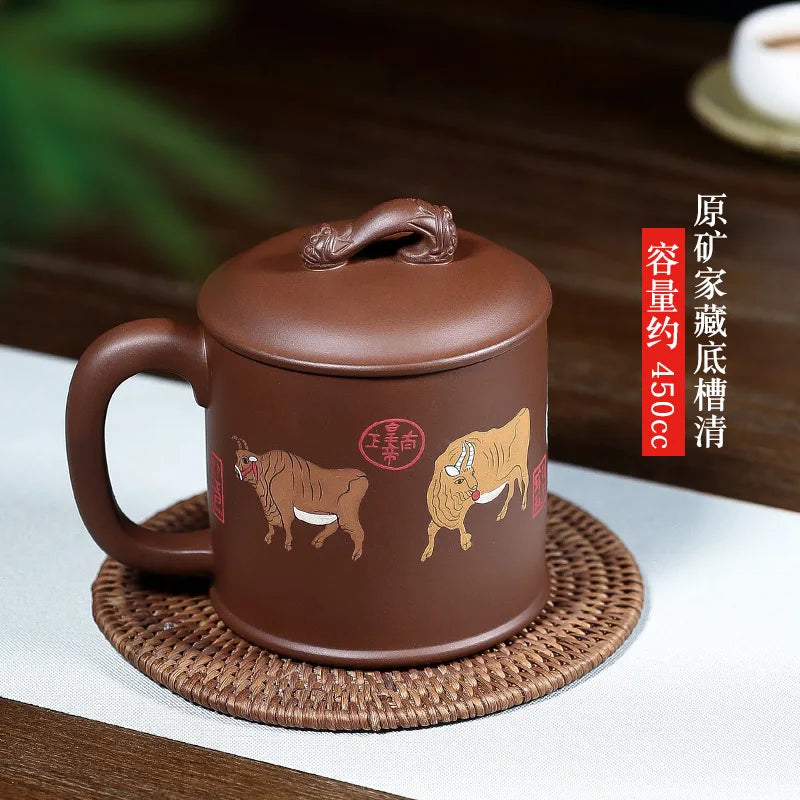 Zhenyi Yixing Zisha Cup tea cup with cover hand painted office tea gift cup Ruyi Wuniu cup