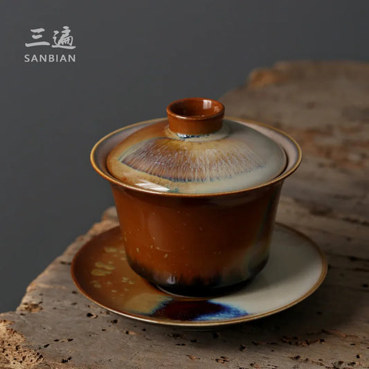 Zhiyanshao Hand-Made Cover Teacup Jingdezhen Kung Fu Tea Set Tea Making Device Sancai Cup with Cover Large Tea Bowl Vintage