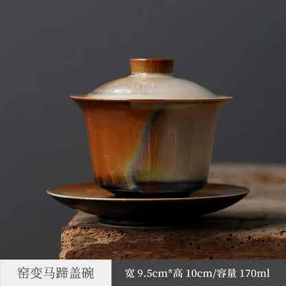 Zhiyanshao Hand-Made Cover Teacup Jingdezhen Kung Fu Tea Set Tea Making Device Sancai Cup with Cover Large Tea Bowl Vintage