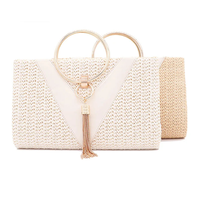 Zinc Alloy Tassels Handbag for Women Wedding Party Clutch Bags with Chain Circular Ring Purse Evening Bag Large Capacity Braid