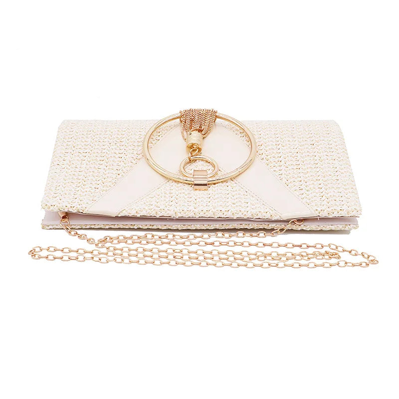 Zinc Alloy Tassels Handbag for Women Wedding Party Clutch Bags with Chain Circular Ring Purse Evening Bag Large Capacity Braid