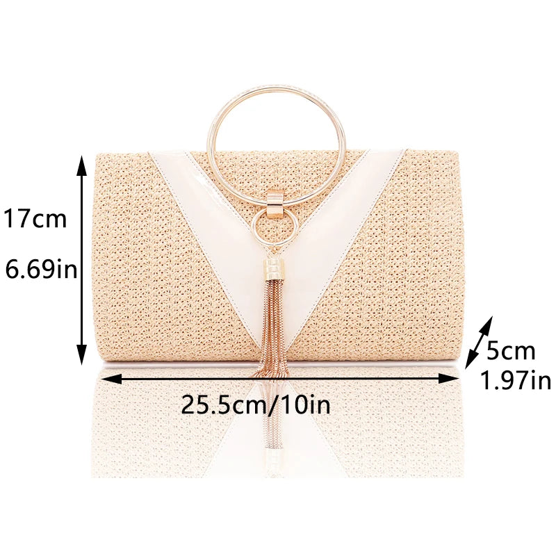 Zinc Alloy Tassels Handbag for Women Wedding Party Clutch Bags with Chain Circular Ring Purse Evening Bag Large Capacity Braid