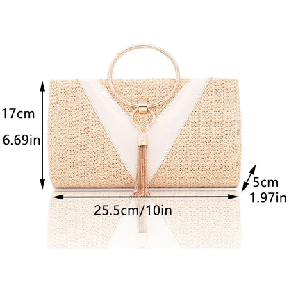 Zinc Alloy Tassels Handbag for Women Wedding Party Clutch Bags with Chain Circular Ring Purse Evening Bag Large Capacity Braid