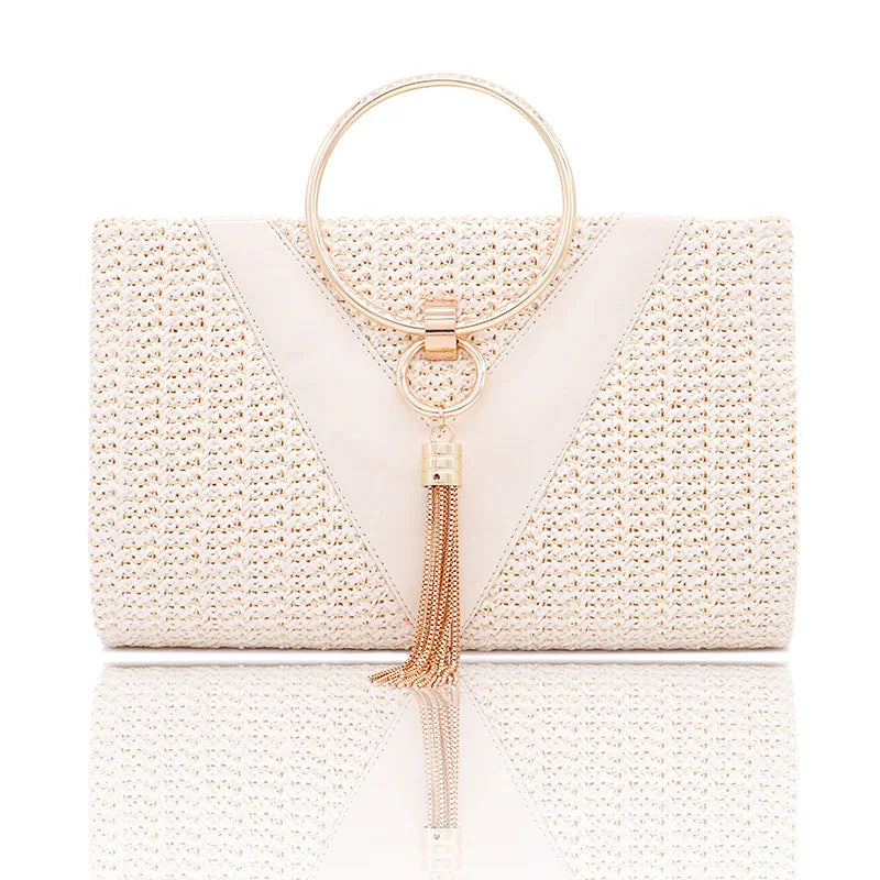 Zinc Alloy Tassels Handbag for Women Wedding Party Clutch Bags with Chain Circular Ring Purse Evening Bag Large Capacity Braid