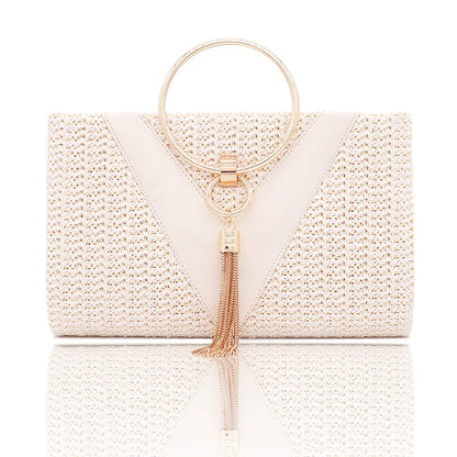 Zinc Alloy Tassels Handbag for Women Wedding Party Clutch Bags with Chain Circular Ring Purse Evening Bag Large Capacity Braid