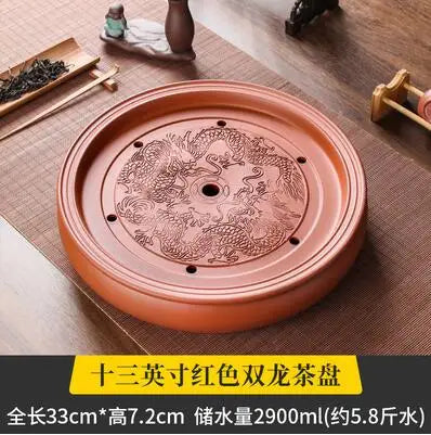 Zisha Chinese Tea Set, Water Storage Type, Large Tea Tray, Ceramic Round Dry Bubble Tea Table, Antique Double Dragon Tea Tray
