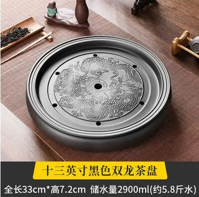 Zisha Chinese Tea Set, Water Storage Type, Large Tea Tray, Ceramic Round Dry Bubble Tea Table, Antique Double Dragon Tea Tray