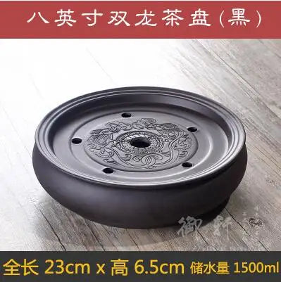 Zisha Chinese Tea Set, Water Storage Type, Large Tea Tray, Ceramic Round Dry Bubble Tea Table, Antique Double Dragon Tea Tray