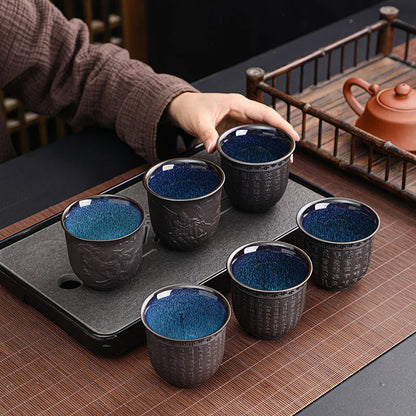 Zisha Kiln Transmission Large Master Cup, Ceramic Kungfu Baifu Tea Cup, Single Hand Built, Heart Sutra Cup, 170ml, 2Pcs Pack