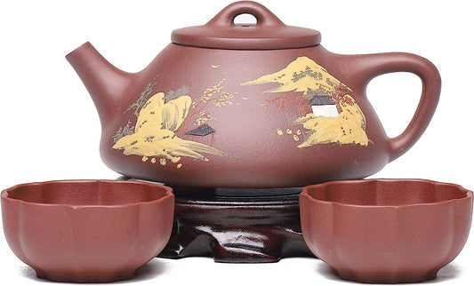 Zisha Tea Pot Set,Genuine Yixing Clay Teapot 11.8 oz with 2 Cups,Infuser Kungfu Brew Tea Maker Set,Masterpieces