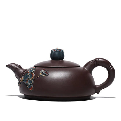 Zisha Teapot Wholesale Factory Old Yixing Clay Raw Ore Relief Lotus Crescent Pot Teapot Rain Medium Sand Factory One Piece Drops