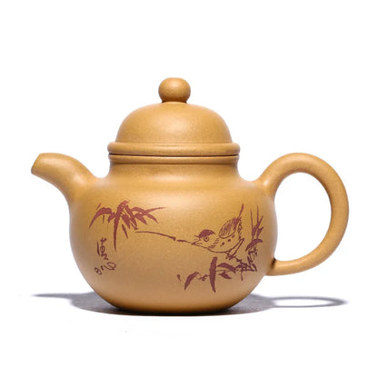 Zisha Teapot Yixing Handmade Pot, Kung-Fu Teaware, Purple Clay Drinkware for Puer, Golden Section Clay, Carved and Painted Ball