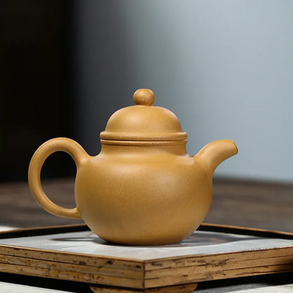 Zisha Teapot Yixing Handmade Pot, Kung-Fu Teaware, Purple Clay Drinkware for Puer, Golden Section Clay, Carved and Painted Ball