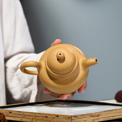 Zisha Teapot Yixing Handmade Pot, Kung-Fu Teaware, Purple Clay Drinkware for Puer, Golden Section Clay, Carved and Painted Ball