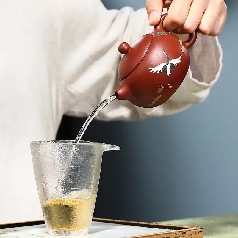 Zisha Teapot Yixing Handmade Pot, Kung-Fu Teaware, Purple Clay Drinkware for Puer Green Black Chinese Tea, Dahongpao Pine Crane