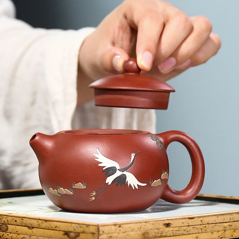 Zisha Teapot Yixing Handmade Pot, Kung-Fu Teaware, Purple Clay Drinkware for Puer Green Black Chinese Tea, Dahongpao Pine Crane