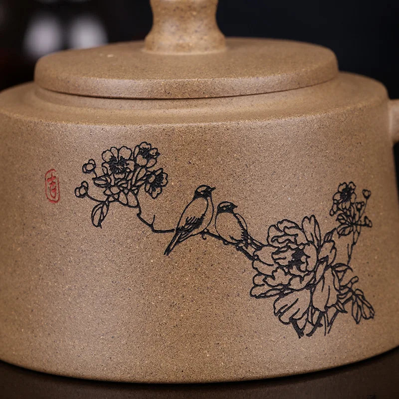 Zisha Teapot Yixing Handmade Pot, Kung-Fu Teaware, Purple Clay Drinkware for Puer Green Black Chinese Tea, Flower Bird Carved