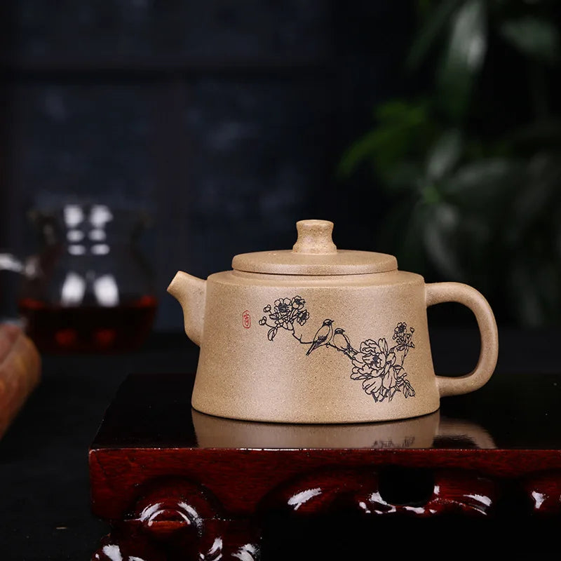 Zisha Teapot Yixing Handmade Pot, Kung-Fu Teaware, Purple Clay Drinkware for Puer Green Black Chinese Tea, Flower Bird Carved